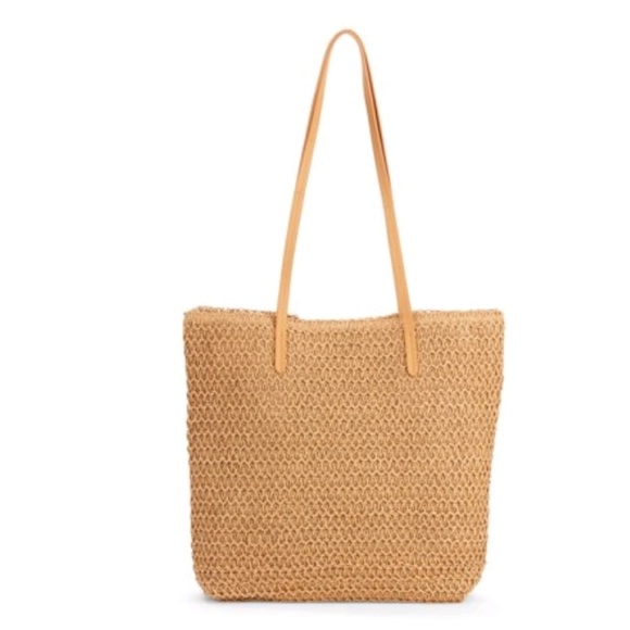 Vacay Straw Tote Beach Pool Bag Tan Pink - Picture 3 of 5